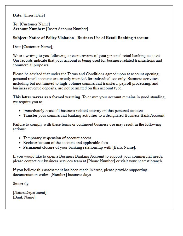 Notice and Warning Letter for Business Use of Retail Banking Account