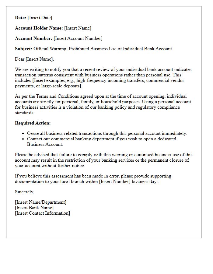 Official Warning Letter for Prohibited Business Use of Individual Bank Account