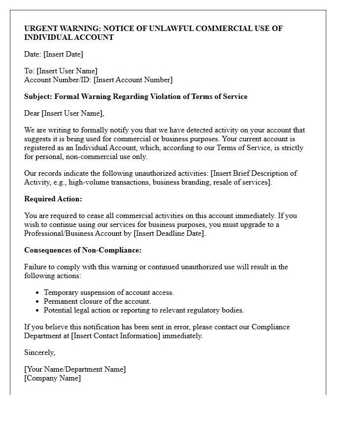 Urgent Warning Letter Regarding Unlawful Commercial Use of Individual Account