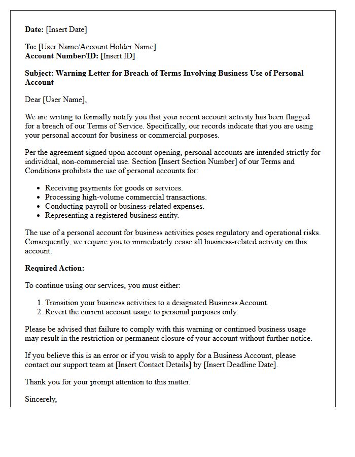 Warning Letter for Breach of Terms Involving Business Use of Personal Account