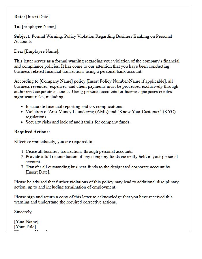 Warning Letter for Policy Violation Regarding Business Banking on Personal Account