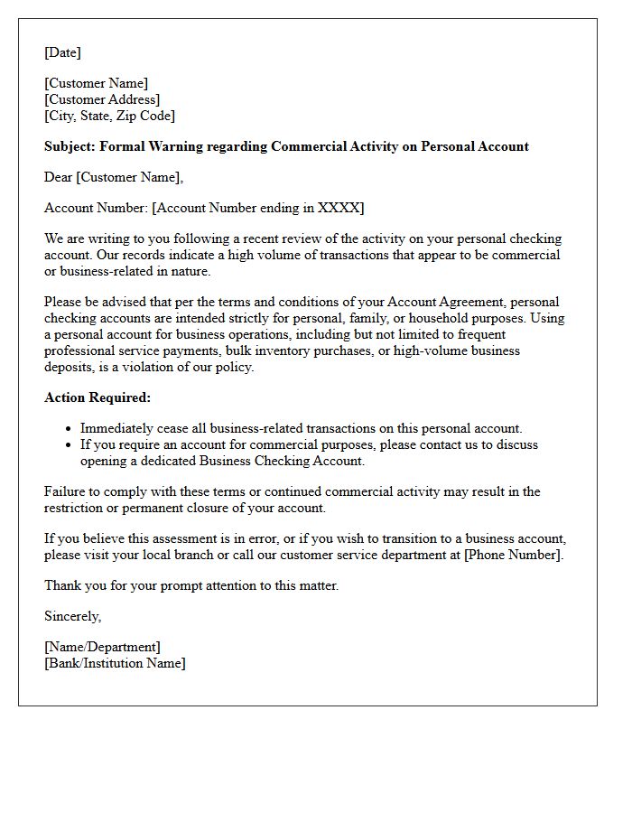 Warning Letter Regarding Commercial Activity on Personal Checking Account