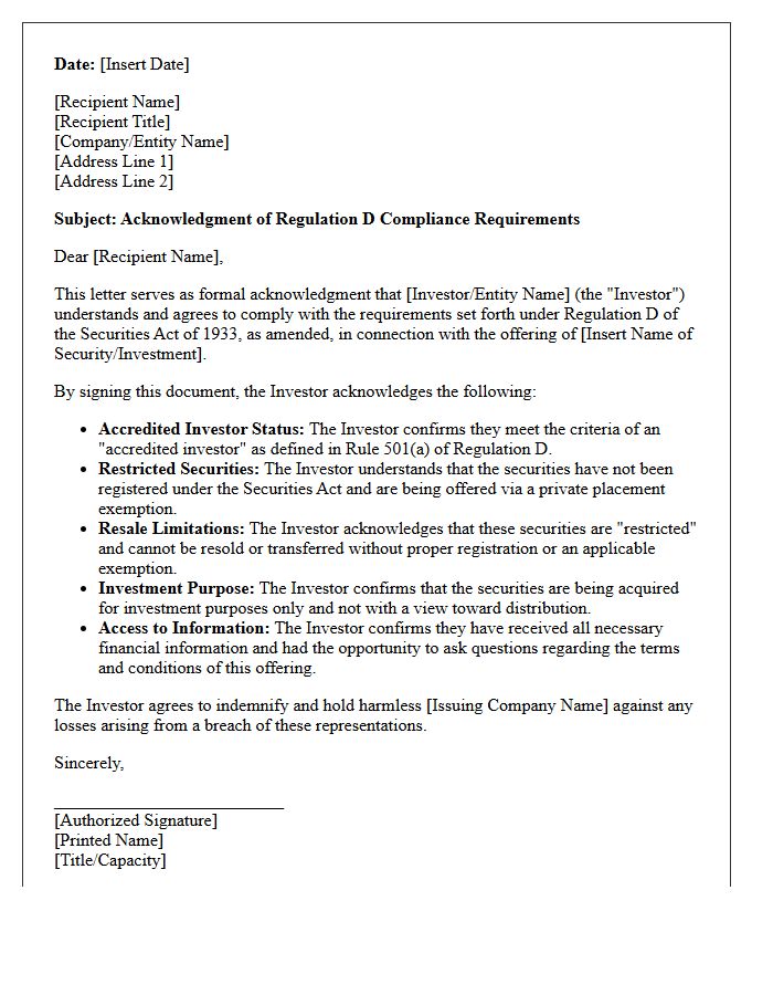 Acknowledgment Letter of Regulation D Compliance Requirements