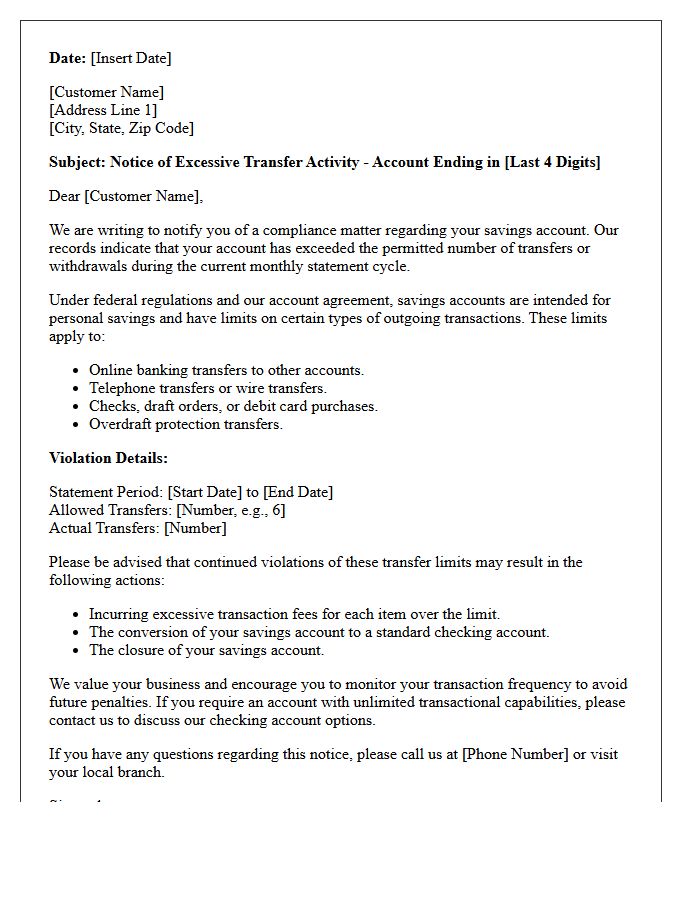 Compliance Violation Letter Regarding Savings Account Transfers