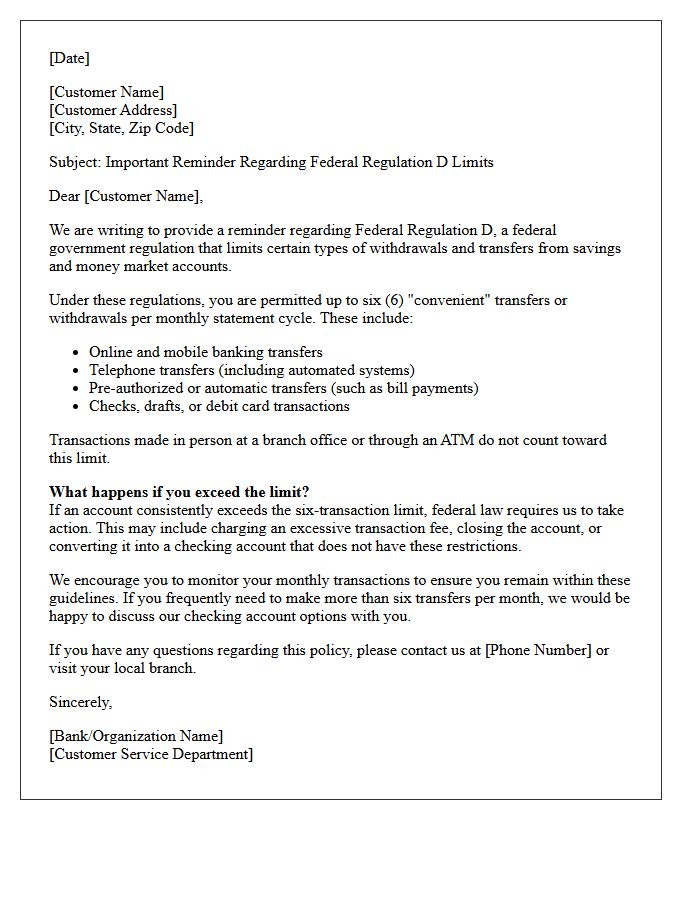 Federal Regulation D Policy Reminder Letter