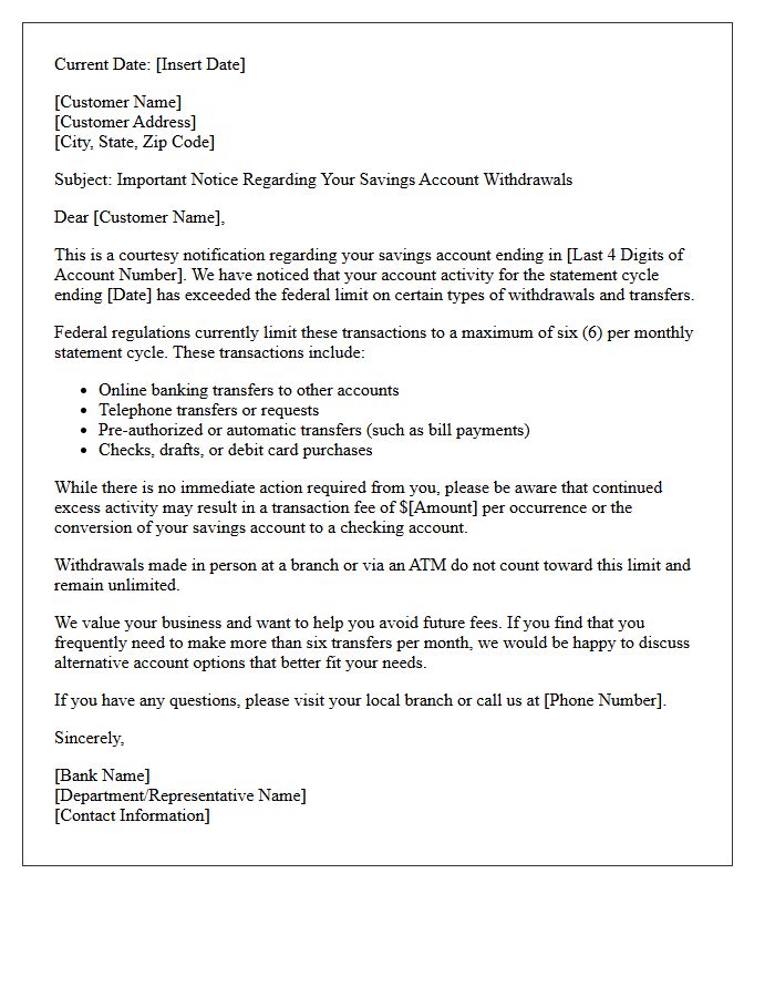 First Courtesy Letter for Exceeding Federal Withdrawal Limits