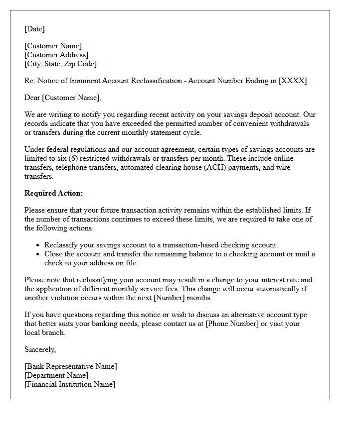 Imminent Account Reclassification Letter for Excessive Withdrawals