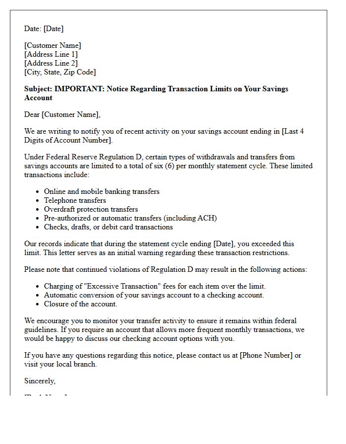Initial Warning Letter for Regulation D Transfer Violations