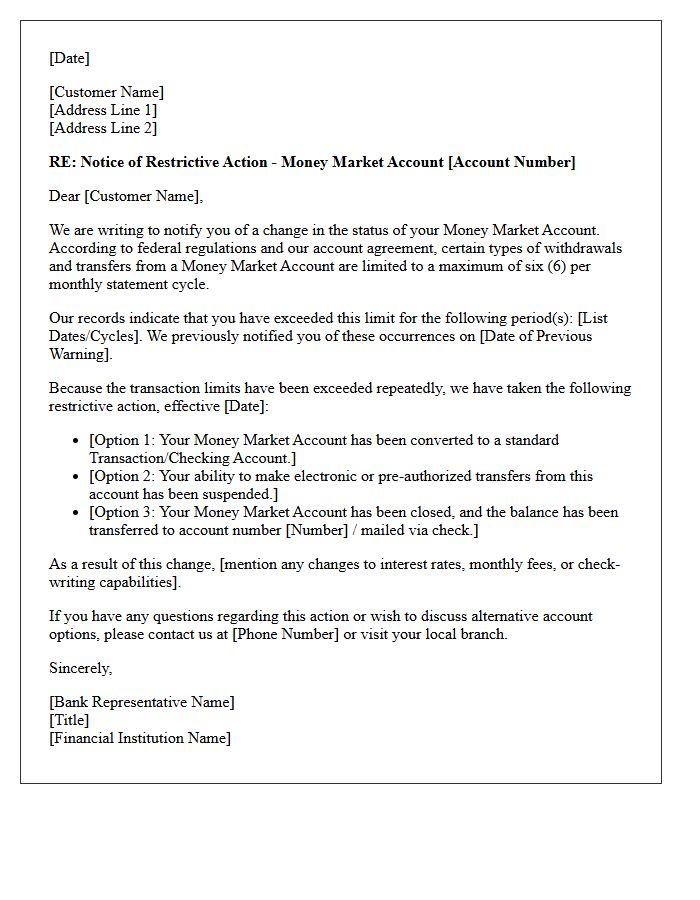 Restrictive Action Letter for Money Market Account Violations