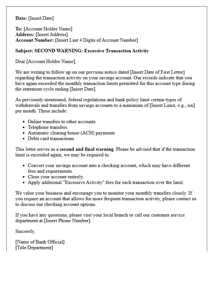 Second Warning Letter for Excessive Savings Account Transactions