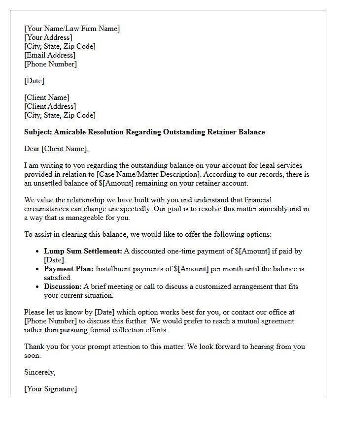 Amicable Resolution Letter for Unsettled Retainer Balance