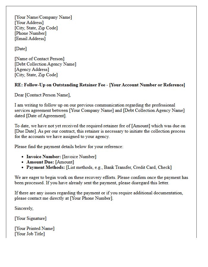Debt Collection Agency Retainer Fee Follow-Up Letter