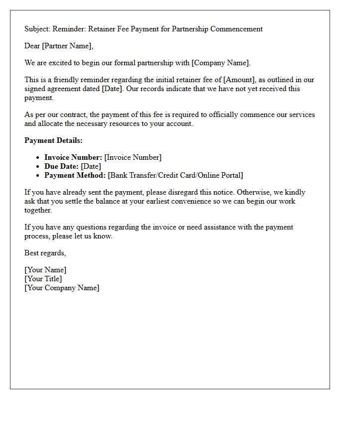Partnership Commencement Retainer Fee Reminder Letter