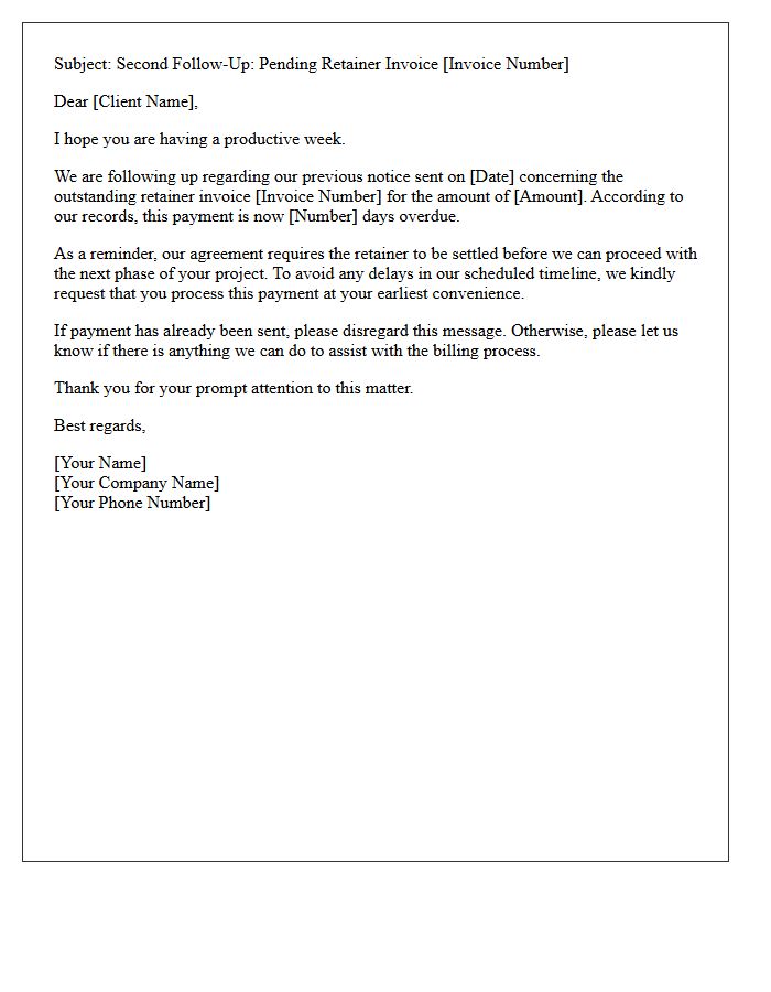 Second Polite Notice Letter for Pending Retainer Invoice