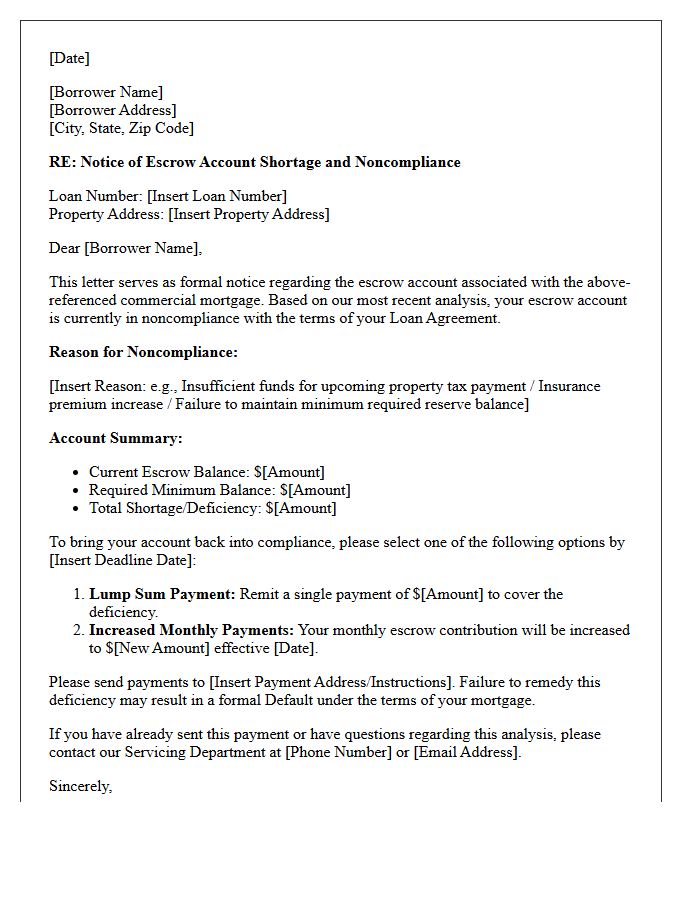 Commercial Mortgage Letter for Escrow Balance Noncompliance