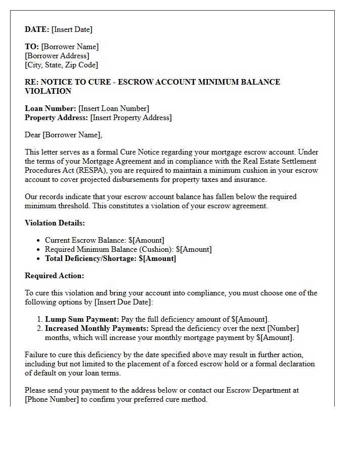 Cure Notice Letter for Escrow Balance Minimum Violations