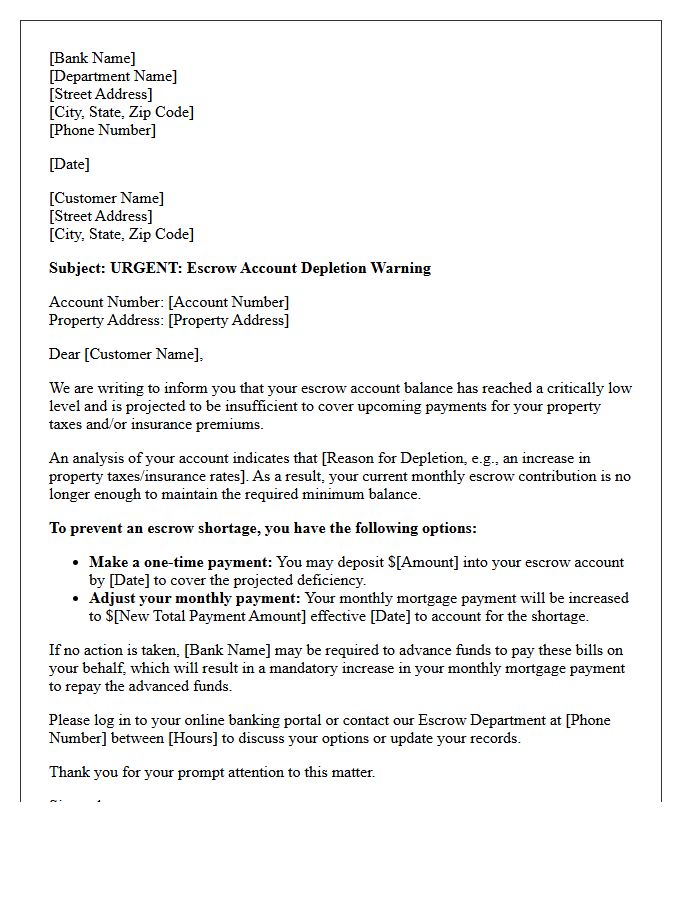 Escrow Account Depletion Warning Letter for Banking Clients