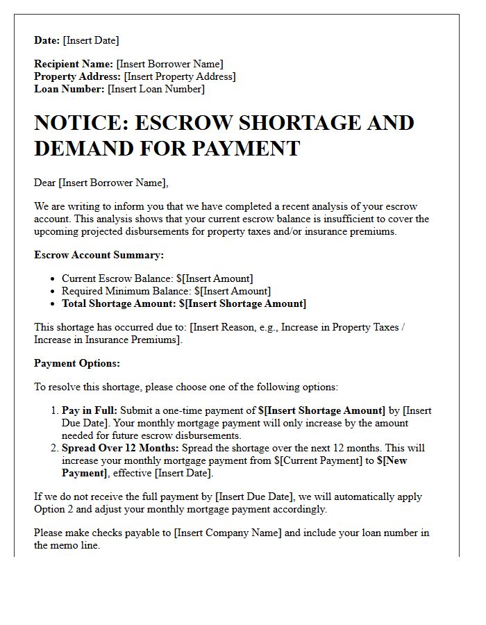 Escrow Shortage Warning Letter and Demand for Payment