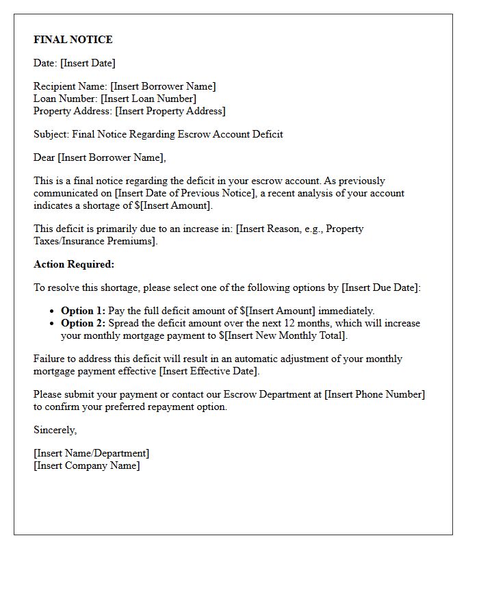 Final Notice Letter Regarding Escrow Account Deficit