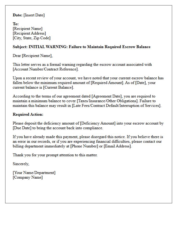 Initial Warning Letter for Failure to Maintain Required Escrow Balance