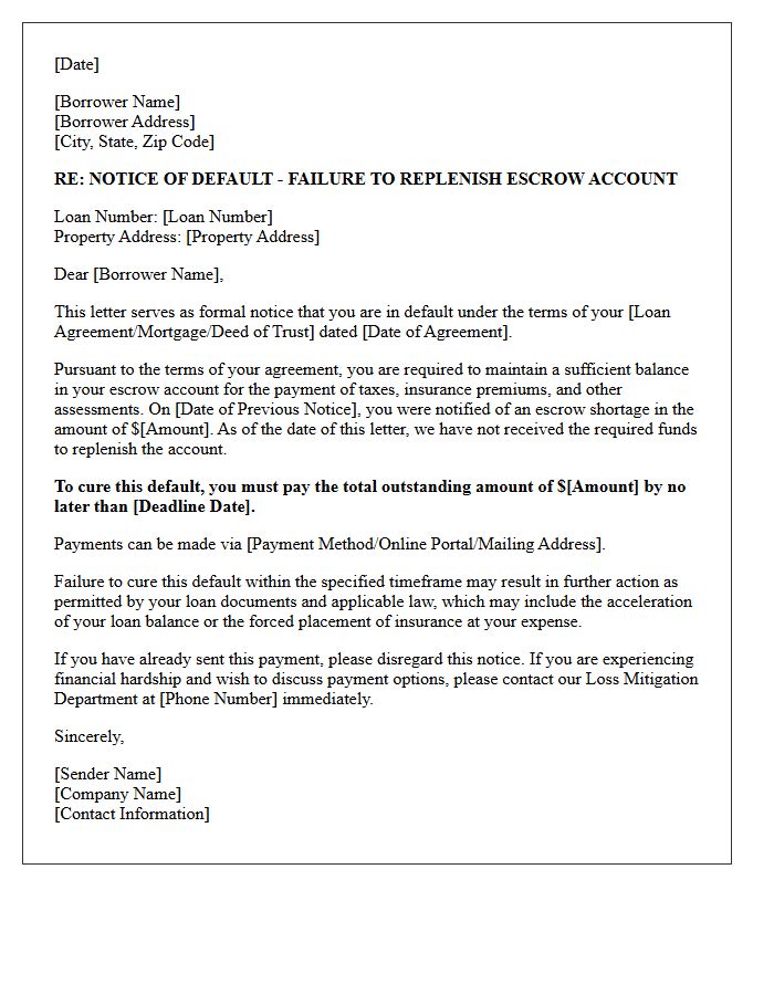 Notice of Default Letter for Failure to Replenish Escrow Account