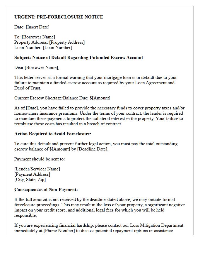Pre-Foreclosure Warning Letter for Unfunded Escrow Account
