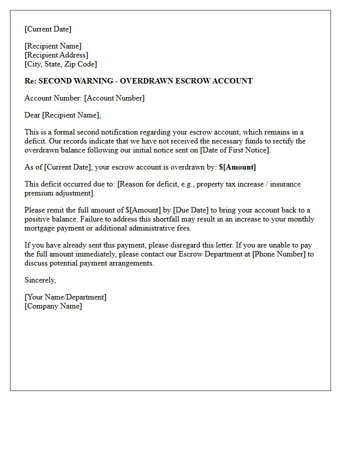 Second Warning Letter for Overdrawn Escrow Account Funds