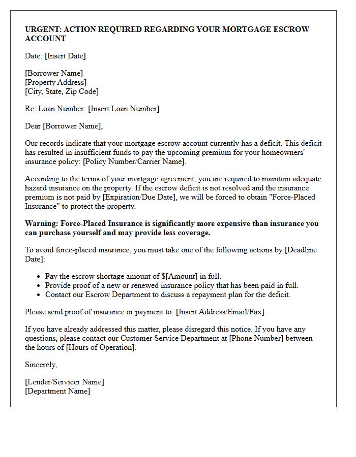 Warning Letter for Impending Force-Placed Insurance Due to Escrow Deficit