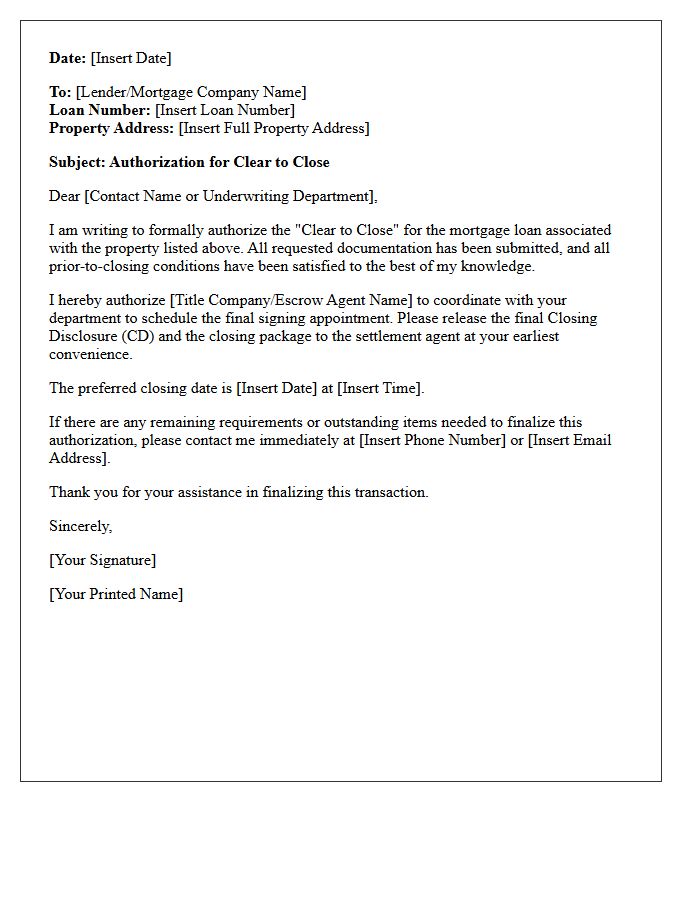Clear to Close Authorization Letter