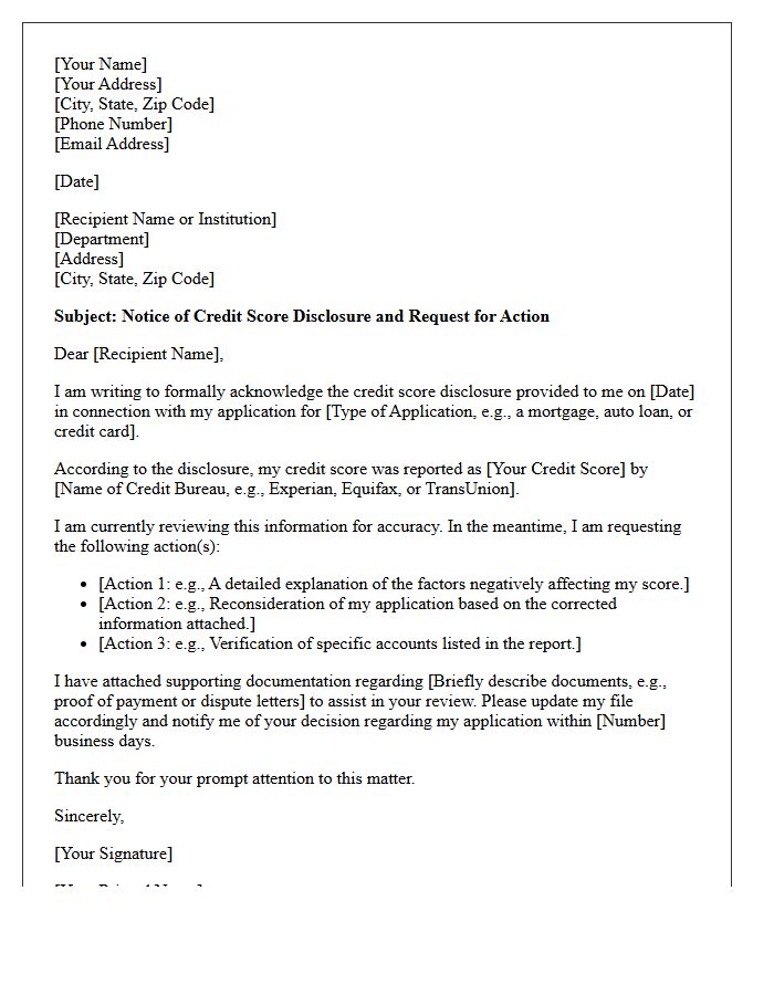 Credit Score Disclosure and Action Letter