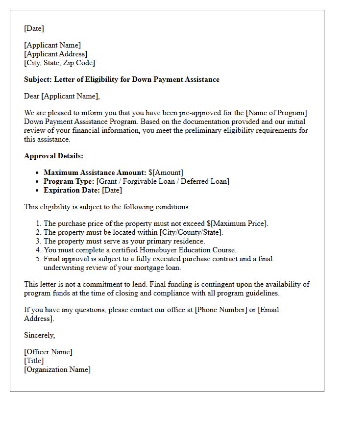 Down Payment Assistance Eligibility Letter