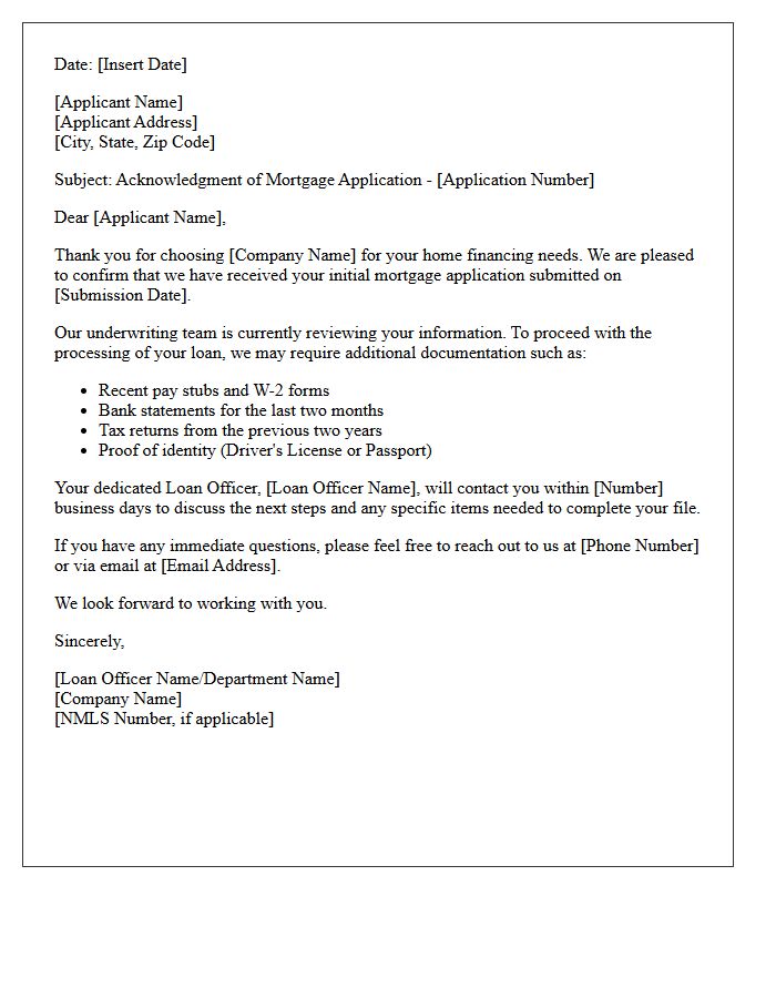 Initial Mortgage Application Acknowledgment Letter