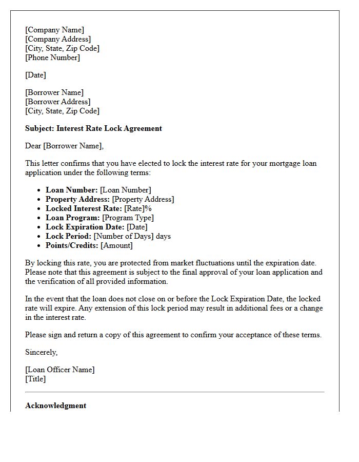Interest Rate Lock Agreement Letter