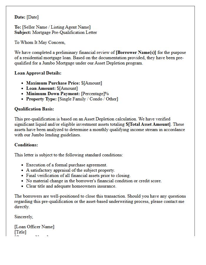 Asset Depletion Jumbo Mortgage Pre-Qualification Letter