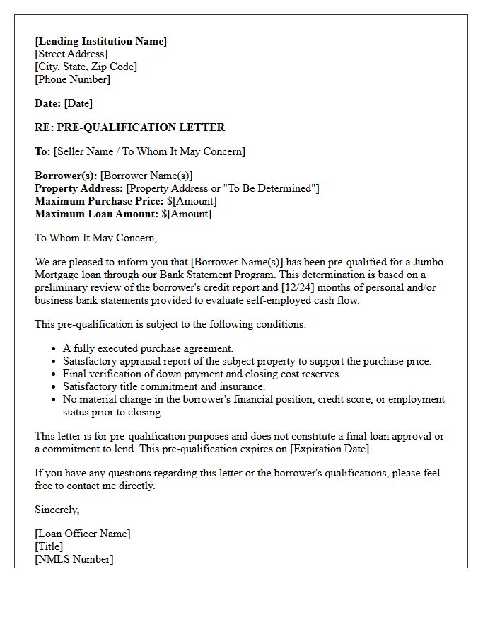 Bank Statement Jumbo Mortgage Pre-Qualification Letter