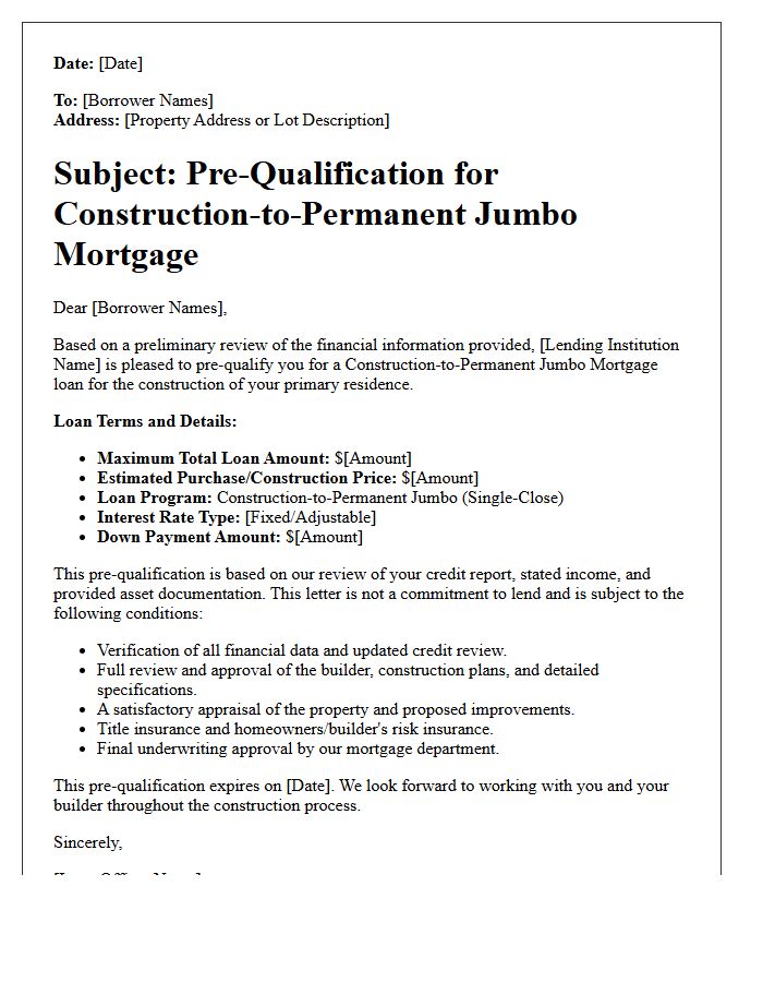 Construction To Permanent Jumbo Mortgage Pre-Qualification Letter