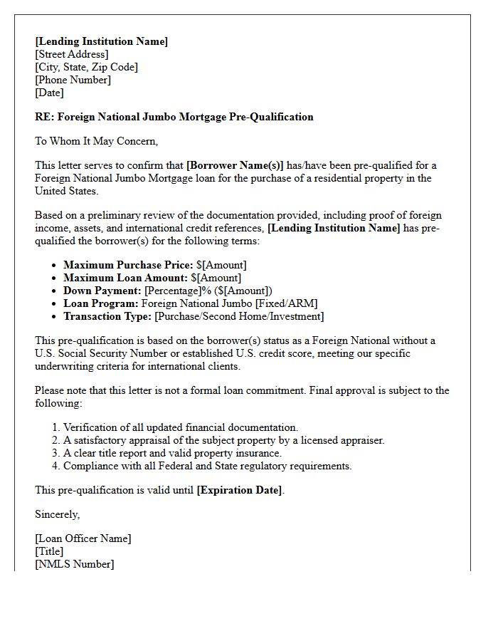Foreign National Jumbo Mortgage Pre-Qualification Letter