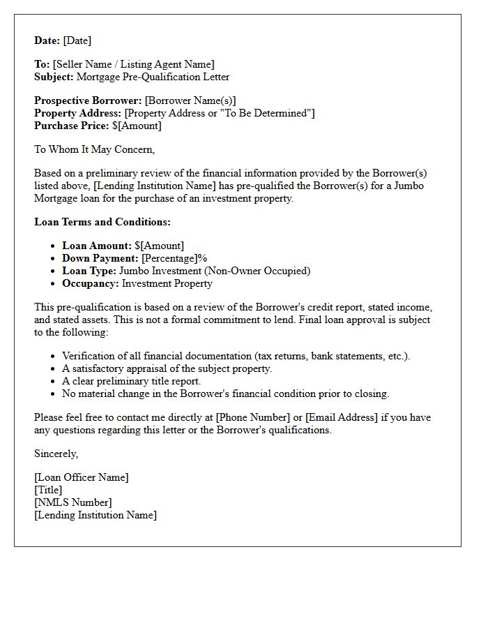 Investment Property Jumbo Mortgage Pre-Qualification Letter