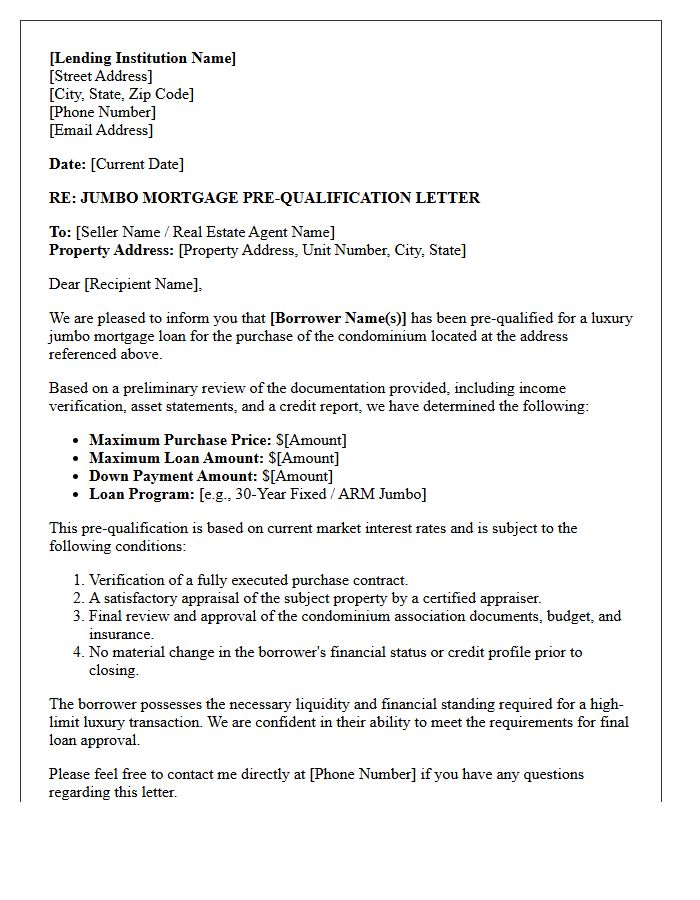 Luxury Condominium Jumbo Mortgage Pre-Qualification Letter