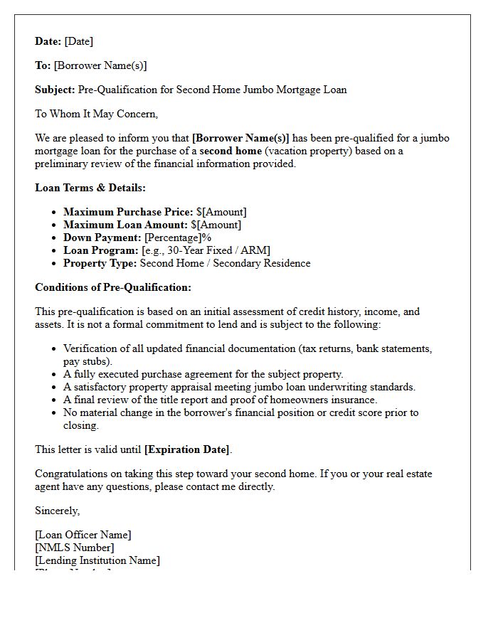 Second Home Jumbo Mortgage Pre-Qualification Letter