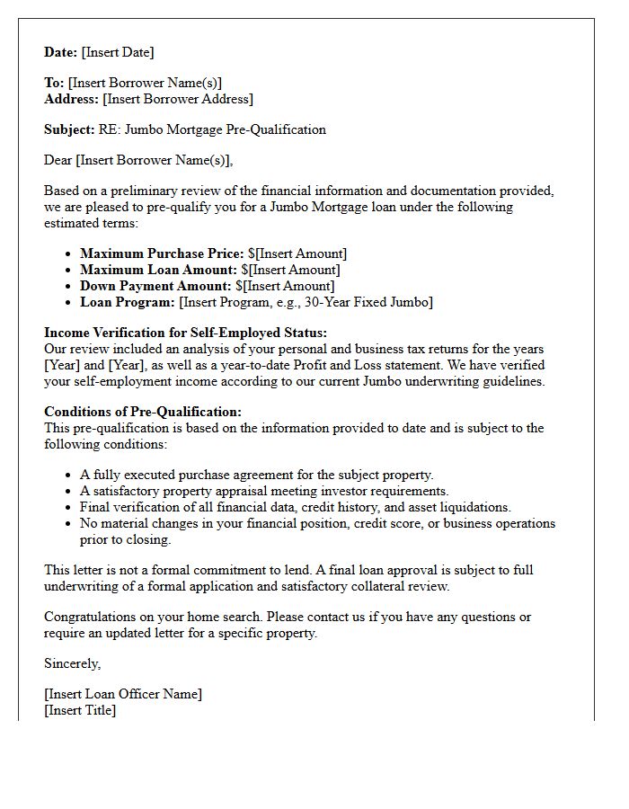 Self-Employed Jumbo Mortgage Pre-Qualification Letter