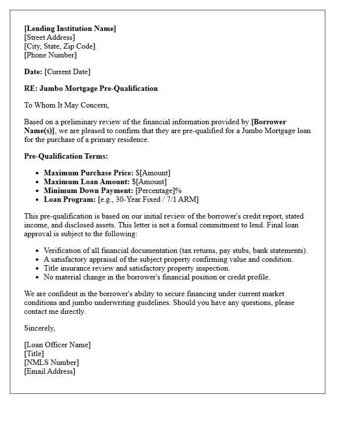 Standard Jumbo Mortgage Pre-Qualification Letter