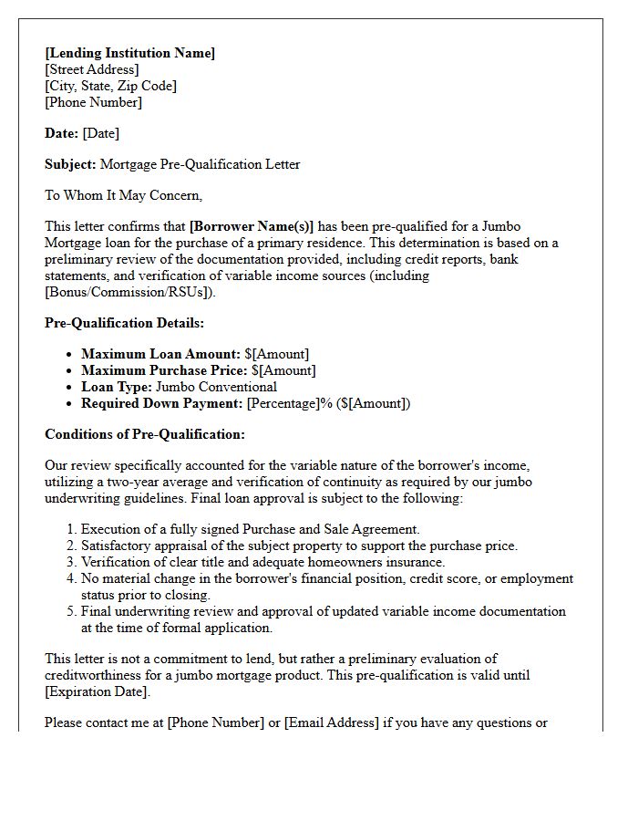 Variable Income Jumbo Mortgage Pre-Qualification Letter