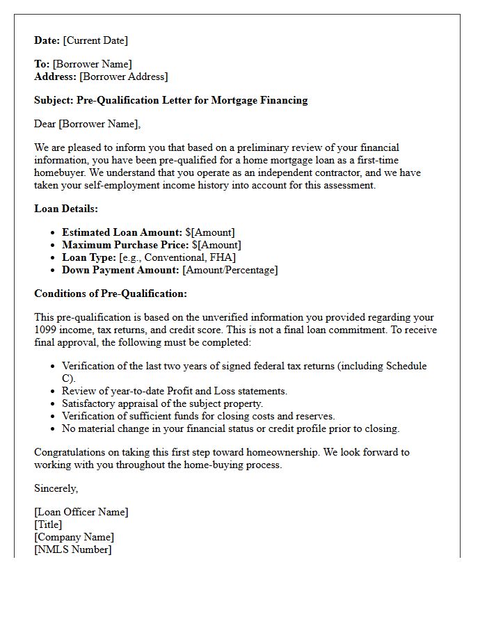 First-Time Homebuyer Independent Contractor Pre-Qualification Letter