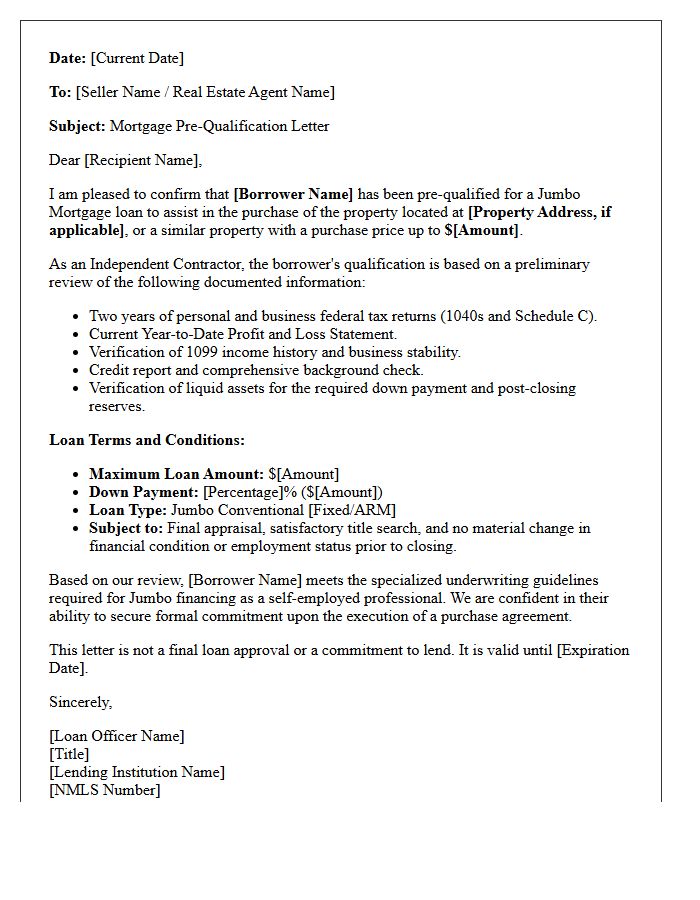 Jumbo Loan Independent Contractor Pre-Qualification Letter