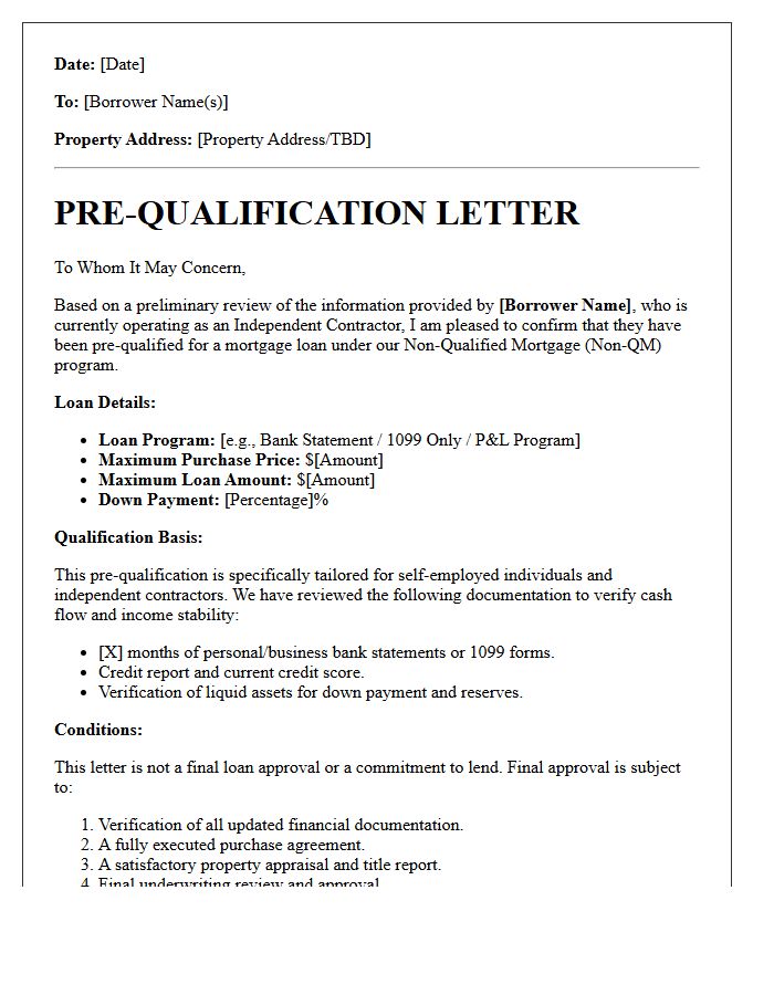 Non-Qualified Mortgage Independent Contractor Pre-Qualification Letter