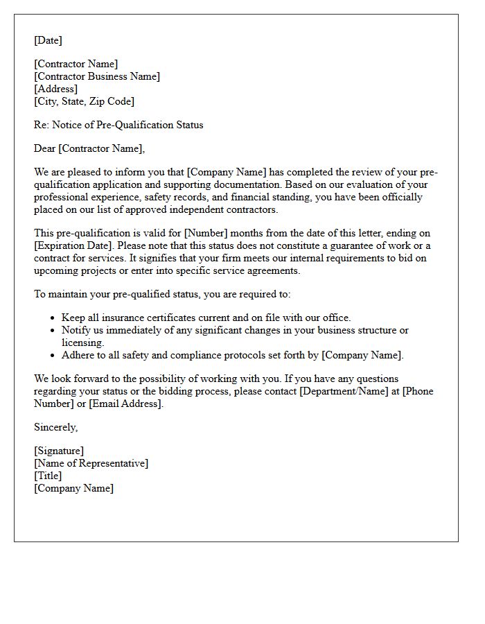Standard Independent Contractor Pre-Qualification Letter
