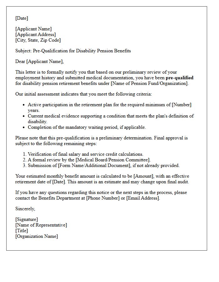 Disability Pension Retiree Pre-Qualification Letter