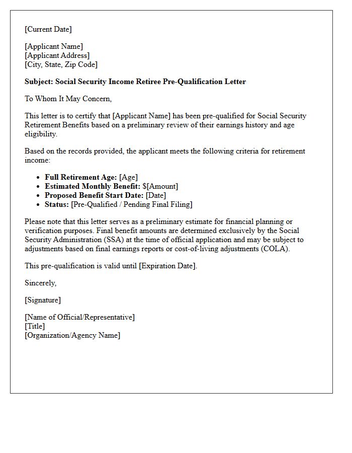 Social Security Income Retiree Pre-Qualification Letter