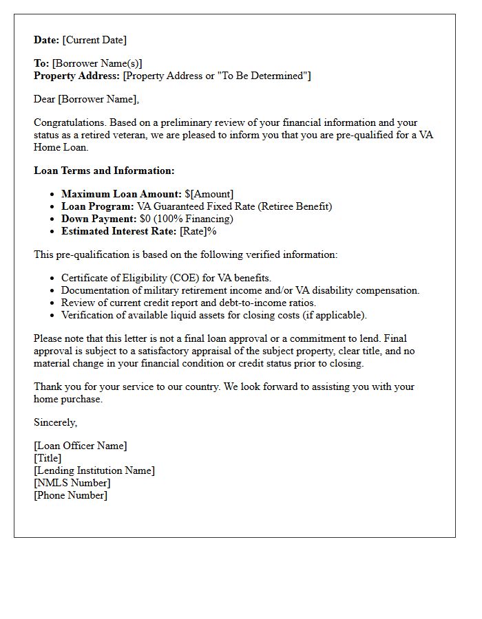 Veteran Benefit Retiree Mortgage Pre-Qualification Letter